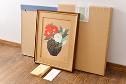 安田靫彦　紅白椿　手摺木版画　限定180部　額装(R-051896)