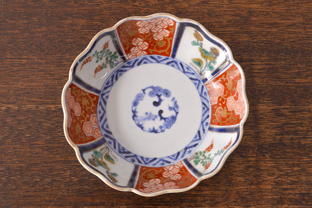 江戸期　古伊万里　成化年製　色絵窓絵染付なます皿2枚セット(和食器、深皿)(R-051906)