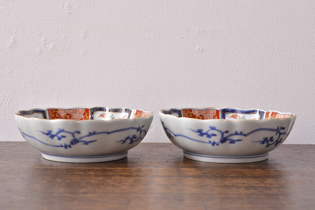 江戸期　古伊万里　成化年製　色絵窓絵染付なます皿2枚セット(和食器、深皿)(R-051907)