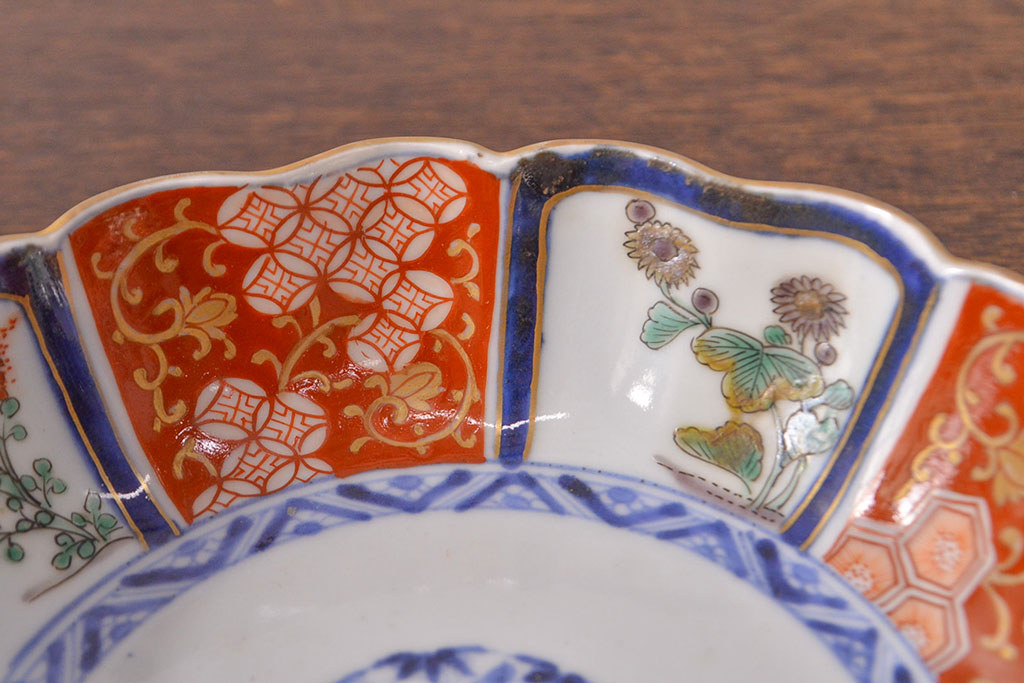 江戸期　古伊万里　成化年製　色絵窓絵染付なます皿2枚セット(和食器、深皿)(R-051907)