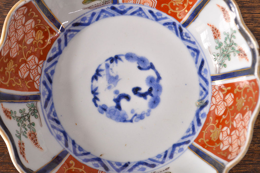 江戸期　古伊万里　成化年製　色絵窓絵染付なます皿2枚セット(和食器、深皿)(R-051907)