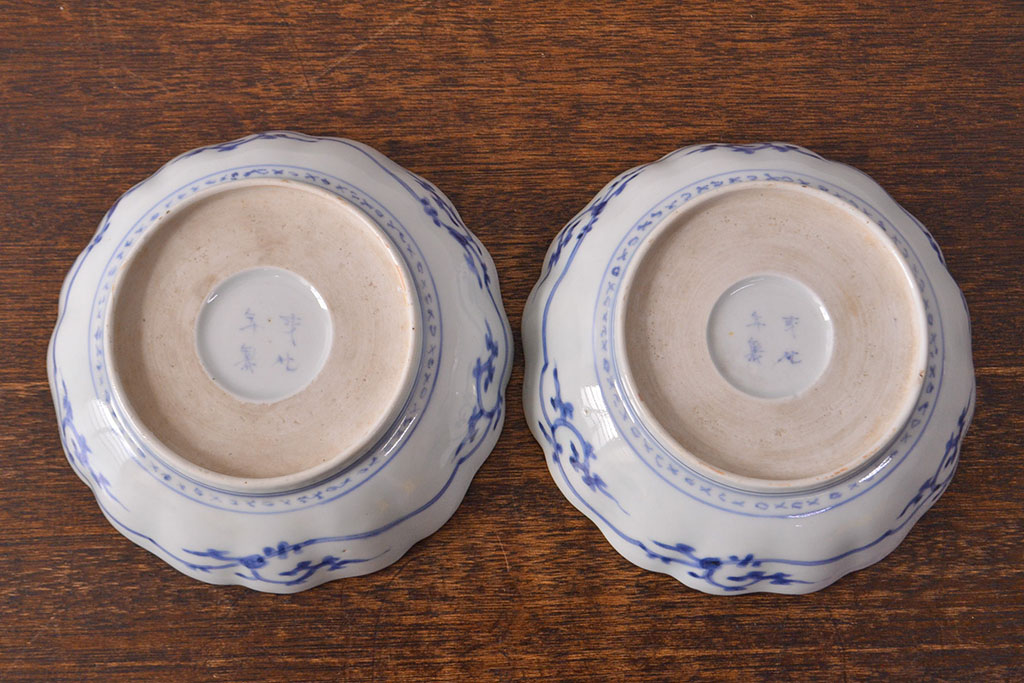 江戸期　古伊万里　成化年製　色絵窓絵染付なます皿2枚セット(和食器、深皿)(R-051907)