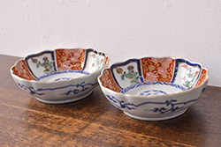 江戸期　古伊万里　成化年製　色絵窓絵染付なます皿2枚セット(和食器、深皿)(R-051907)