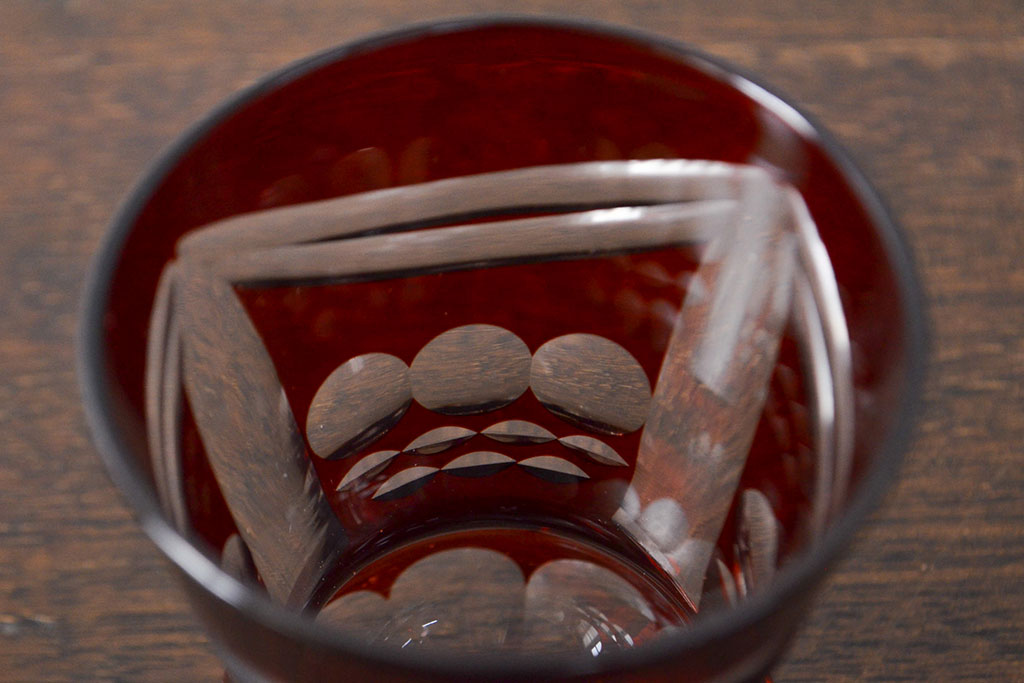 昭和初期　古い赤切子グラス　6客セット(カットガラス)(R-051943)