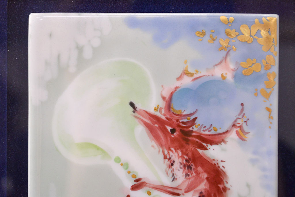 Meissen　マイセン　チューバを吹くシカ　プラーク(陶板画)　額装(R-051950)