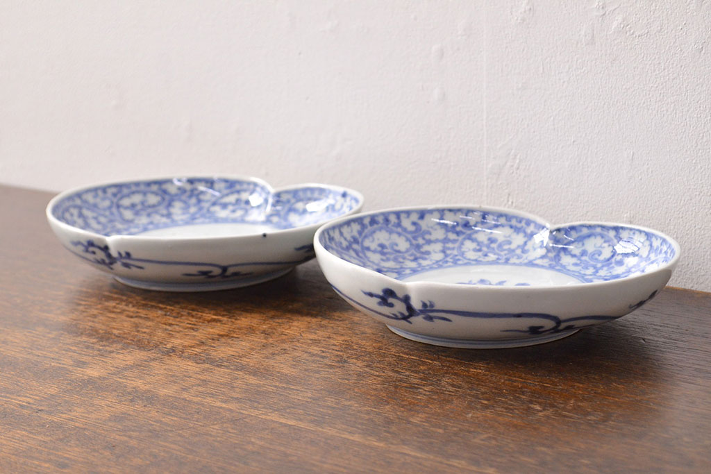 江戸期　古伊万里　蛸唐草文　渦福　変形皿2枚セット(和食器)(R-051972)