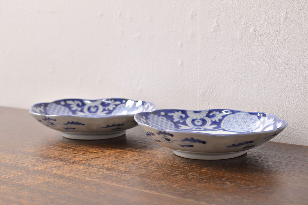 江戸期　古伊万里　染付変形皿2枚セット(和食器)(R-051975)