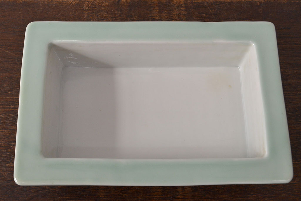 古い　池林堂半七製　青磁陽刻　水盤(植木鉢、ディスプレイ)(R-051982)