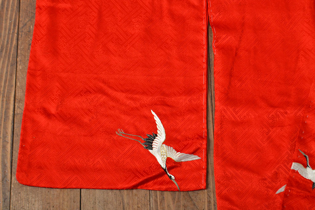 大正〜昭和初期　松鶴　刺繍着物(古布、正絹)(R-051991)