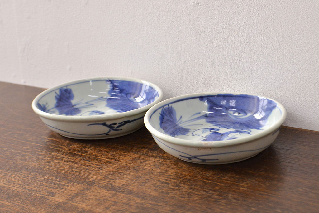 江戸期　古伊万里　染付仙人図　なます皿2枚セット(中皿、和食器)(R-051996)