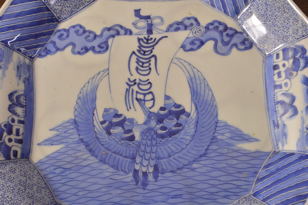 江戸期　古伊万里　大明成化年製　鶴の図　染付　十二角皿(和食器)(R-052002)