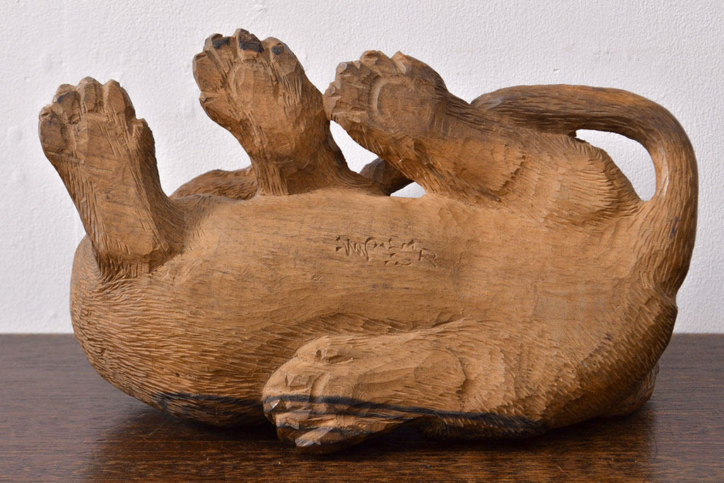 古い　虎親子　時代木彫り　在銘　作家物(置物、置き物、ディスプレイ)(R-052007)