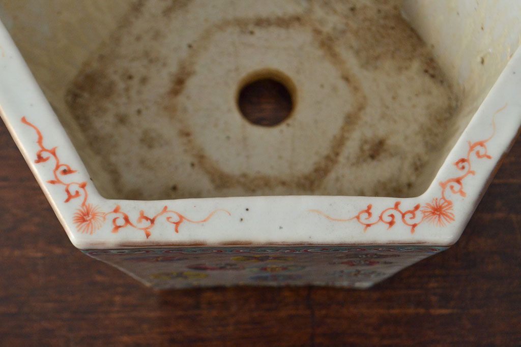 古い　色絵　粉彩　六角植木鉢(中国、盆栽鉢)(R-052040)
