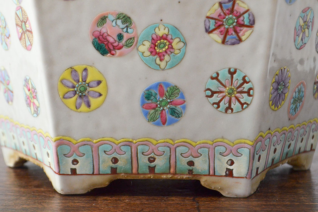 古い　色絵　粉彩　六角植木鉢(中国、盆栽鉢)(R-052040)