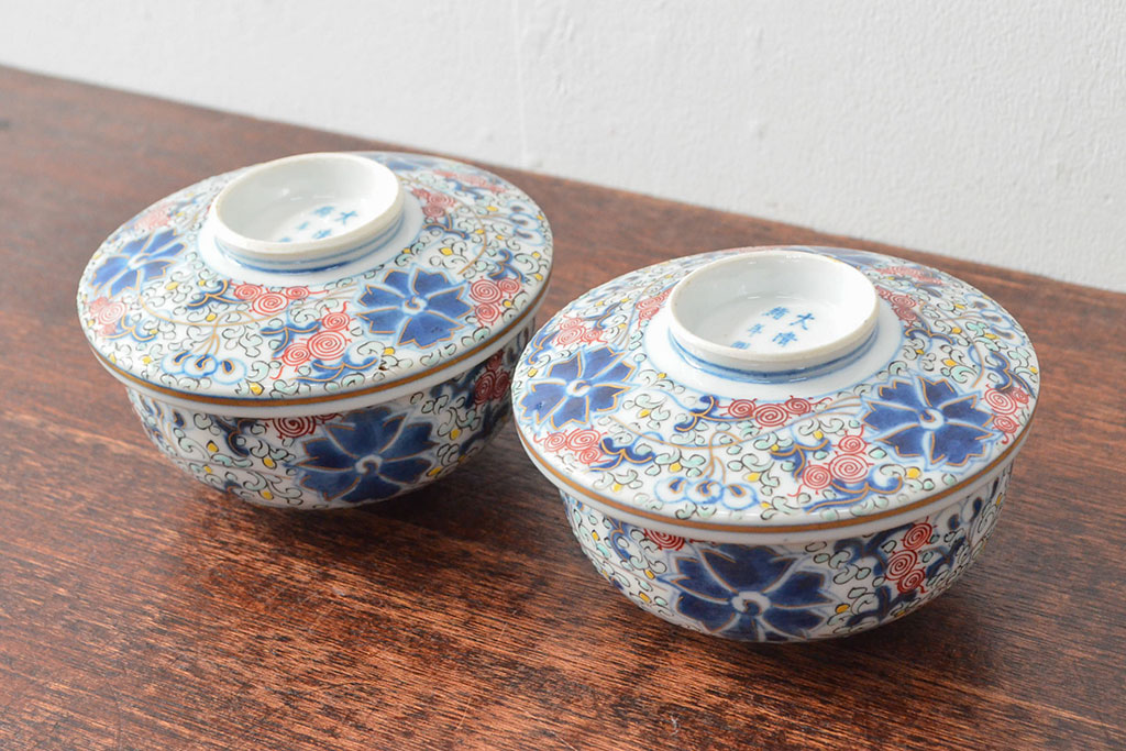 大清光緒年製　色絵染付蓋茶碗2客セット(伊万里、中国?)(R-052052)