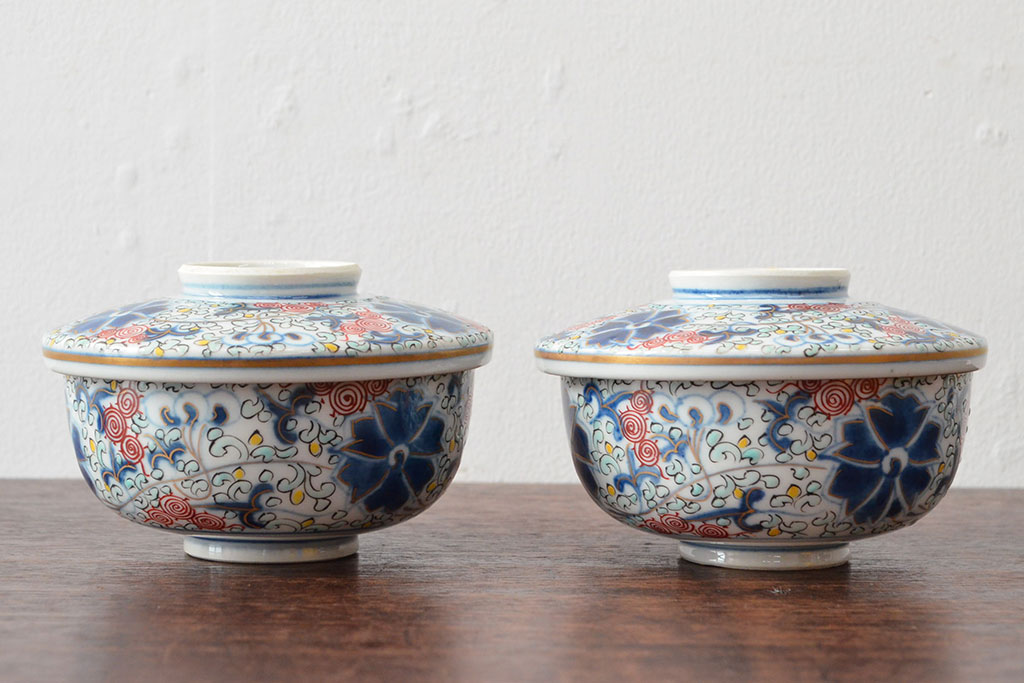 大清光緒年製　色絵染付蓋茶碗2客セット(伊万里、中国?)(R-052052)