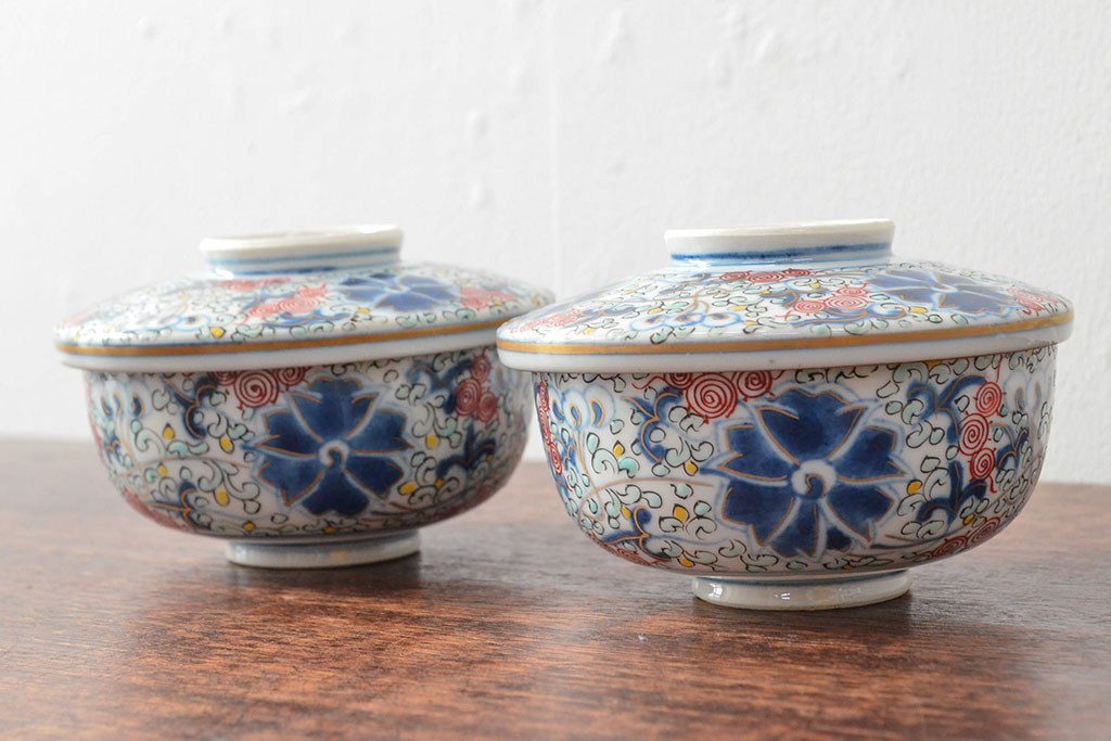 大清光緒年製　色絵染付蓋茶碗2客セット(伊万里、中国?)(R-052052)