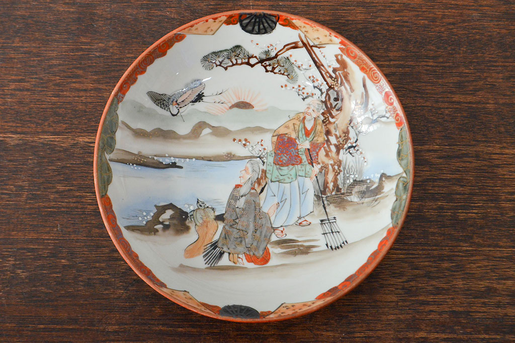 色絵 鶴亀松竹梅文五寸皿 五枚組 明治時代頃