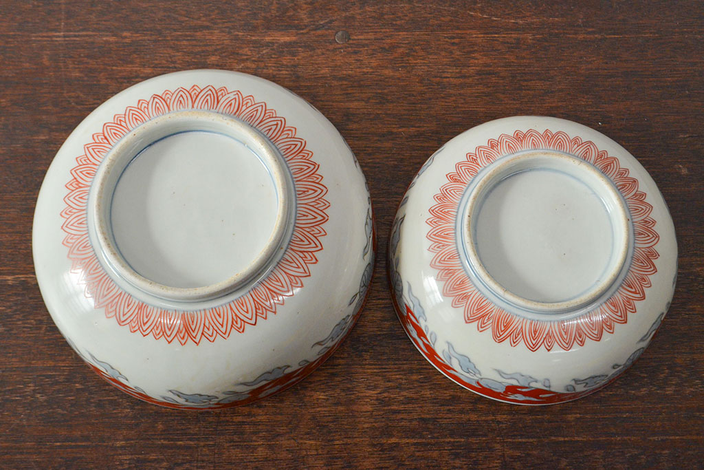 江戸期　古伊万里　色絵染付花模様　深鉢2点セット(深皿、和食器)(R-052062)