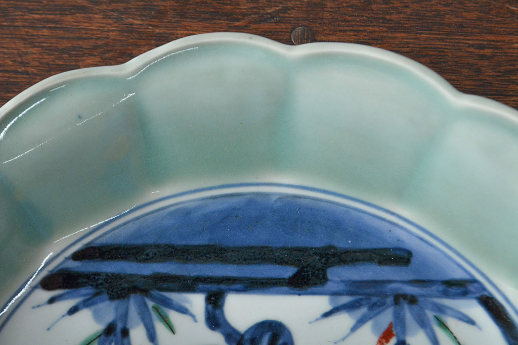 江戸期　古伊万里　大明成化年製　青磁染付色絵　九寸皿(和食器、大皿)(R-052063)