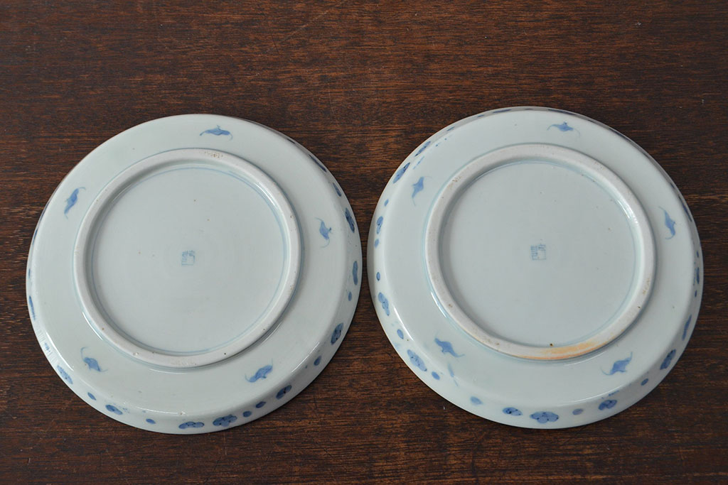 江戸期 古伊万里 四花文染付 六寸皿2枚セット(和食器、中皿)(R-052077