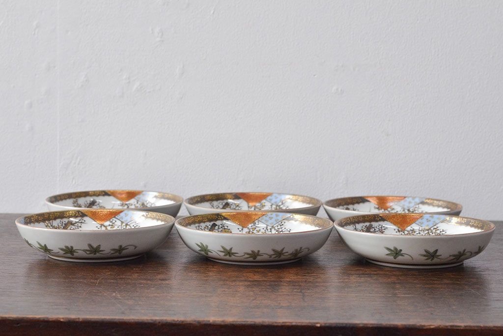 明治〜大正　九谷焼　花鳥図　色絵　小皿6枚セット(和食器)(R-052093)