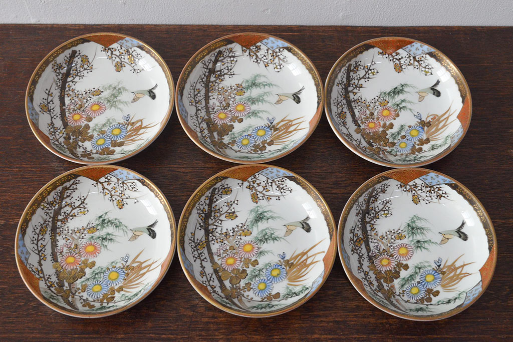 明治〜大正　九谷焼　花鳥図　色絵　小皿6枚セット(和食器)(R-052093)