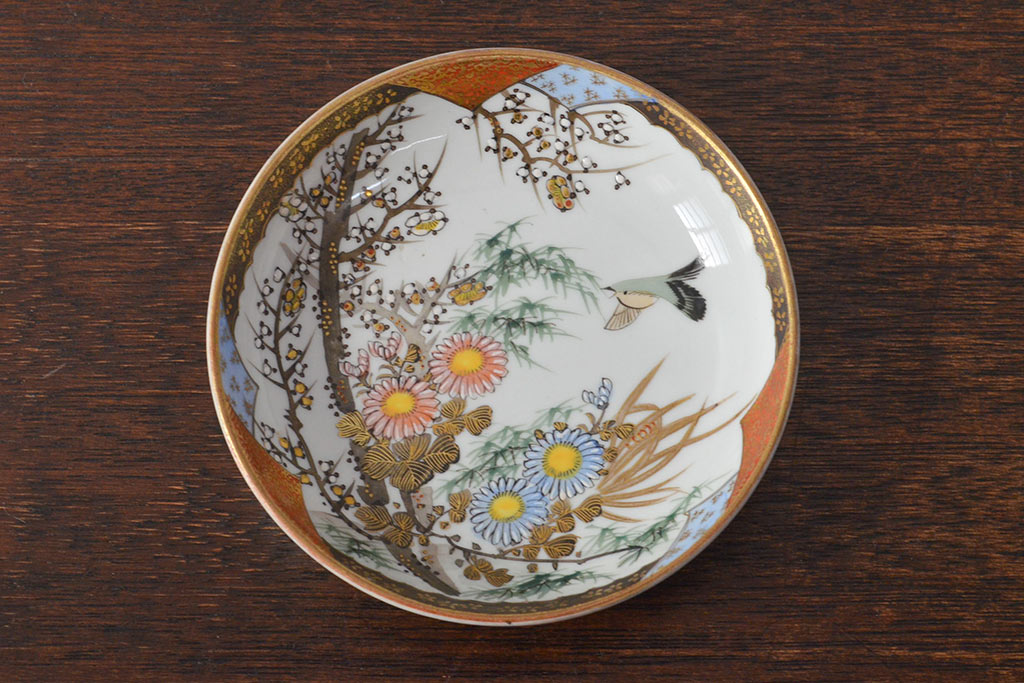明治〜大正　九谷焼　花鳥図　色絵　小皿6枚セット(和食器)(R-052093)