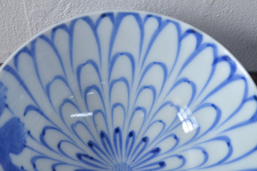 大正〜昭和初期　花文染付　蓋茶碗5客セット(和食器)(R-052123)
