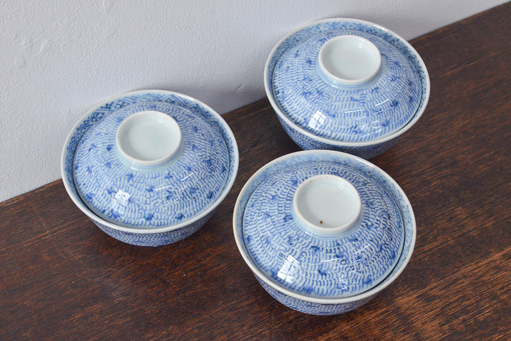 江戸期　古伊万里　染付微塵唐草　蓋茶碗3客セット(和食器)(R-052124)
