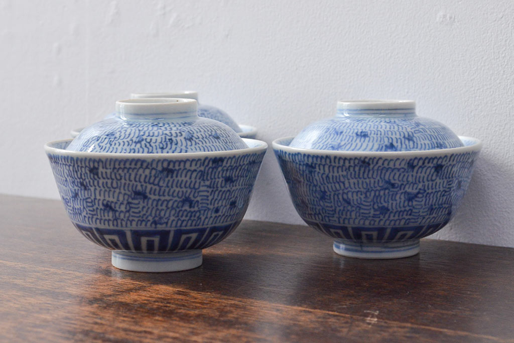 江戸期　古伊万里　染付微塵唐草　蓋茶碗3客セット(和食器)(R-052124)