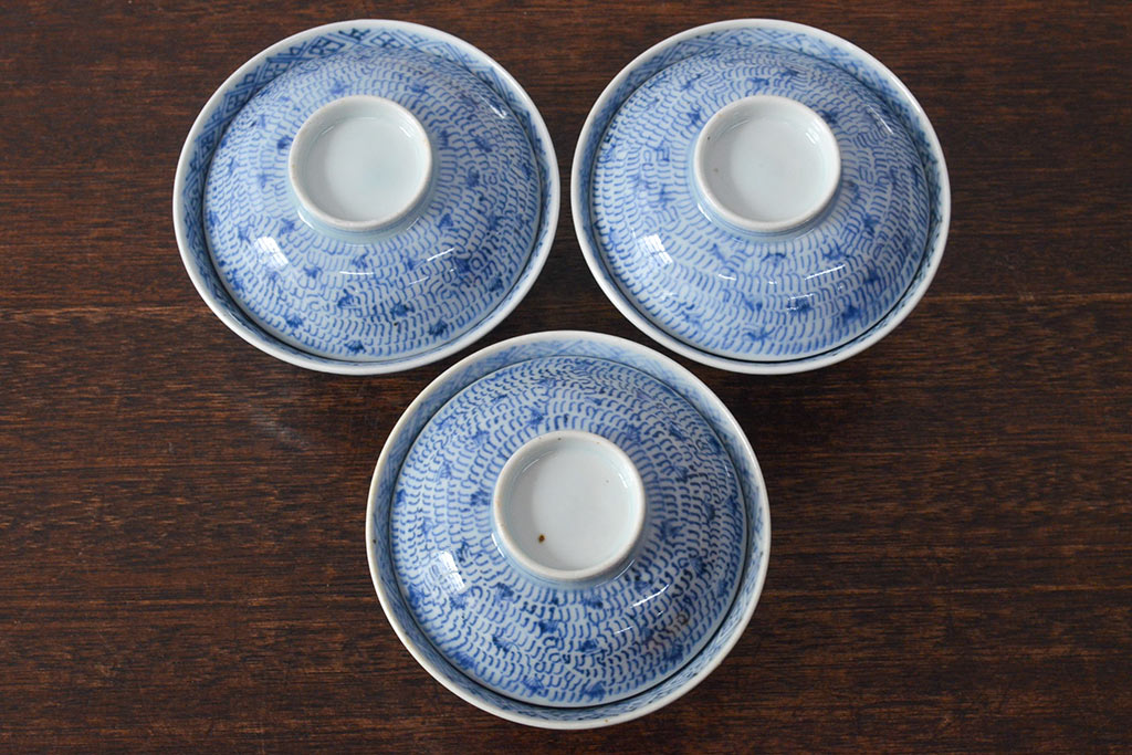江戸期　古伊万里　染付微塵唐草　蓋茶碗3客セット(和食器)(R-052124)
