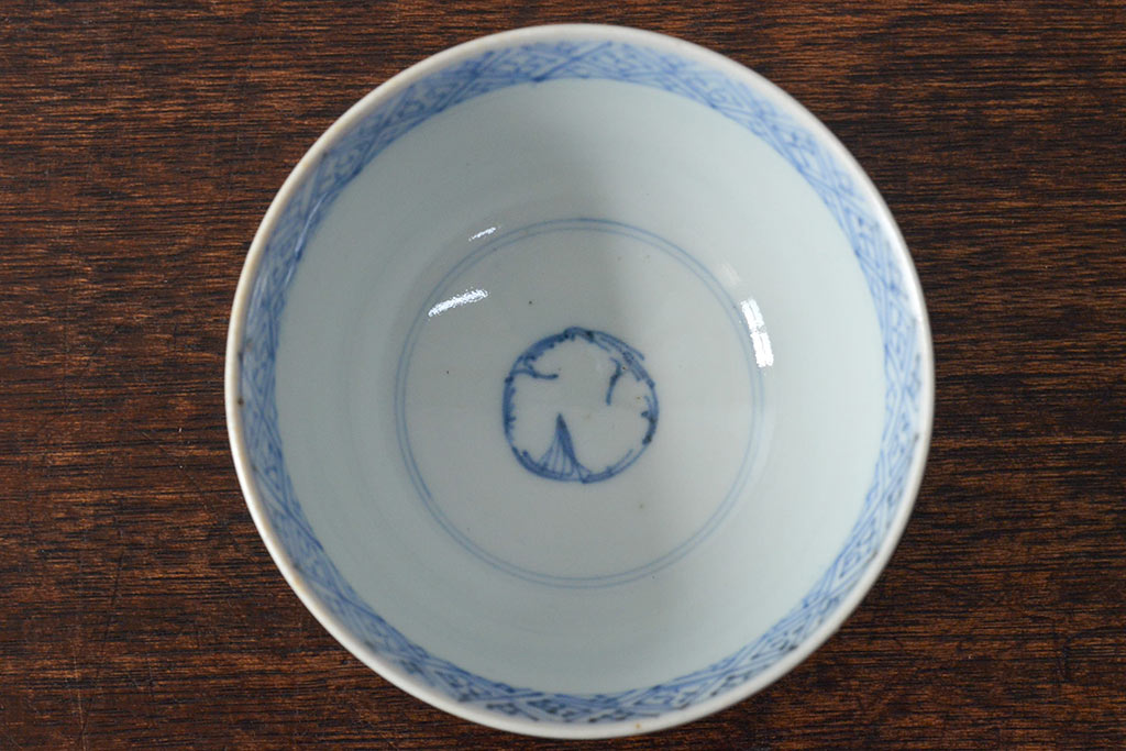 江戸期　古伊万里　染付微塵唐草　蓋茶碗3客セット(和食器)(R-052124)