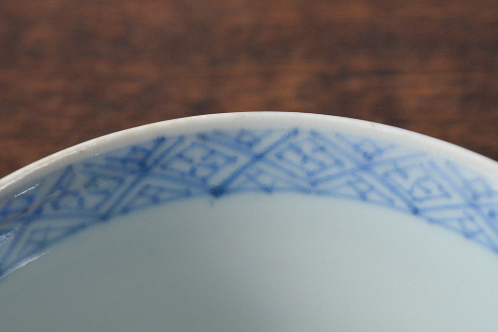 江戸期　古伊万里　染付微塵唐草　蓋茶碗3客セット(和食器)(R-052124)