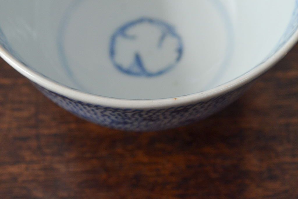 江戸期　古伊万里　染付微塵唐草　蓋茶碗3客セット(和食器)(R-052124)