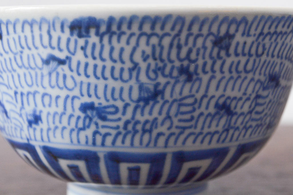 江戸期　古伊万里　染付微塵唐草　蓋茶碗3客セット(和食器)(R-052124)