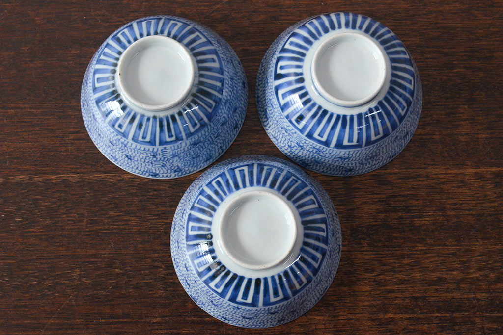 江戸期　古伊万里　染付微塵唐草　蓋茶碗3客セット(和食器)(R-052124)