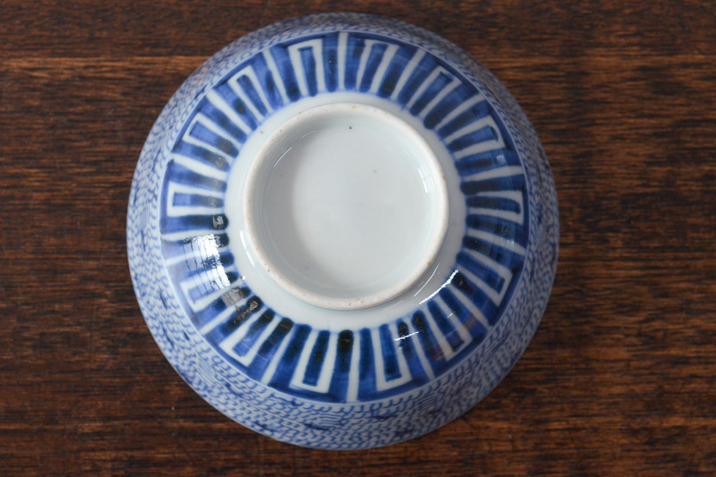 江戸期　古伊万里　染付微塵唐草　蓋茶碗3客セット(和食器)(R-052124)