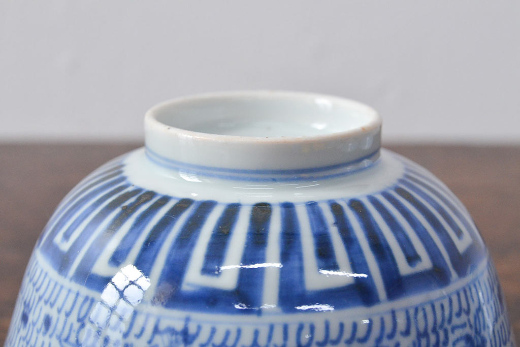 江戸期　古伊万里　染付微塵唐草　蓋茶碗3客セット(和食器)(R-052124)