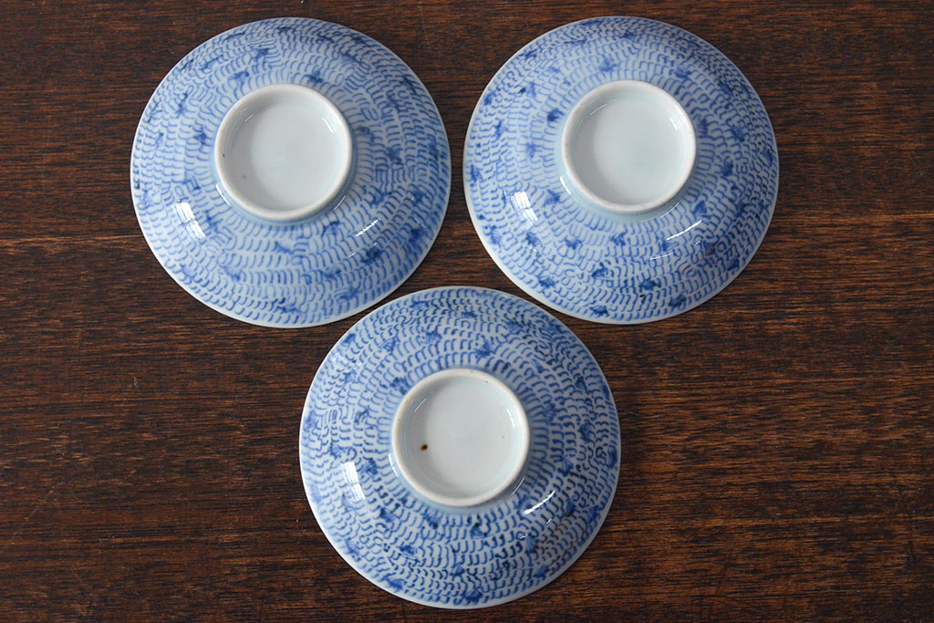 江戸期　古伊万里　染付微塵唐草　蓋茶碗3客セット(和食器)(R-052124)