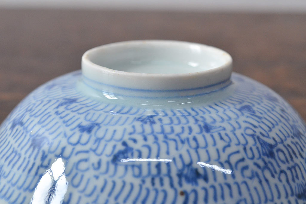 江戸期　古伊万里　染付微塵唐草　蓋茶碗3客セット(和食器)(R-052124)