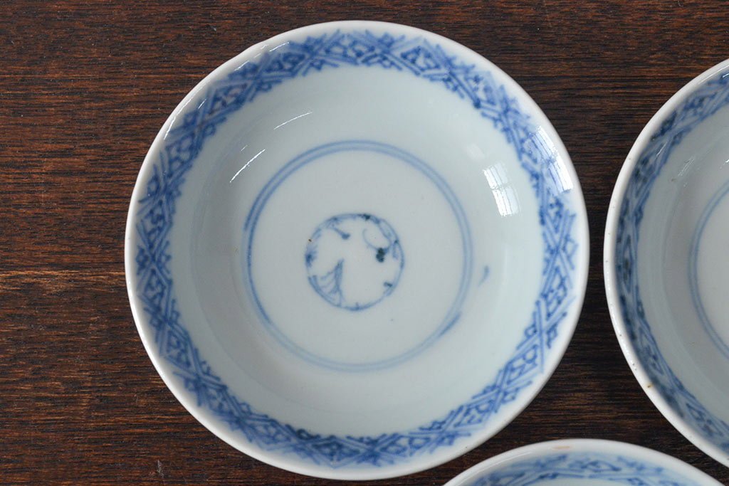 江戸期　古伊万里　染付微塵唐草　蓋茶碗3客セット(和食器)(R-052124)