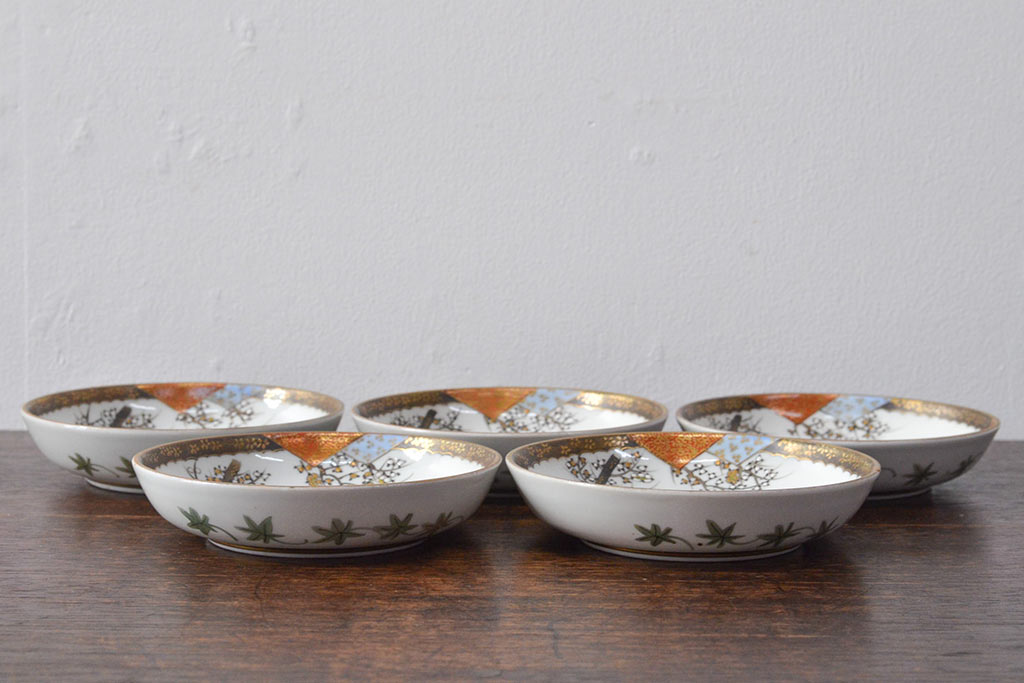 明治〜大正　九谷焼　花鳥図　色絵　小皿5枚セット(和食器)(R-052128)