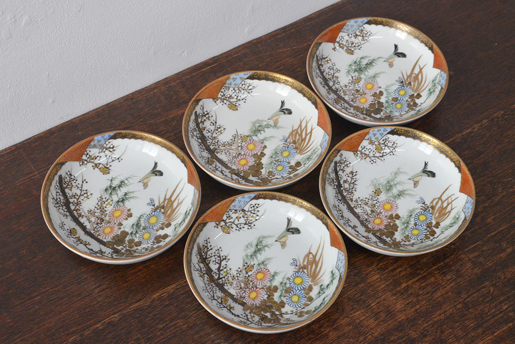 明治〜大正　九谷焼　花鳥図　色絵　小皿5枚セット(和食器)(R-052128)