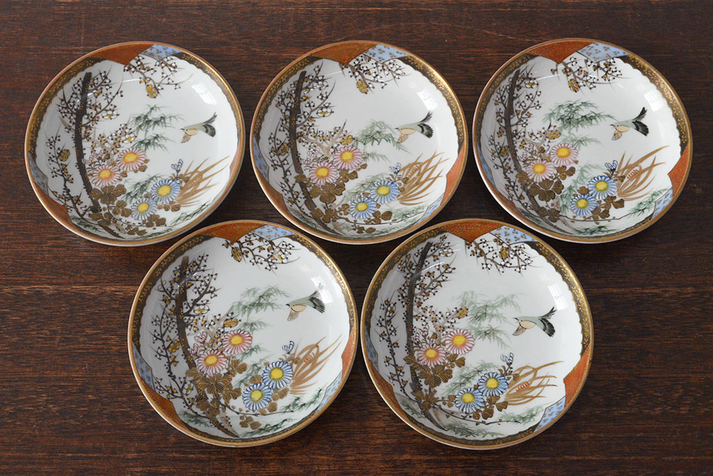 明治〜大正　九谷焼　花鳥図　色絵　小皿5枚セット(和食器)(R-052128)