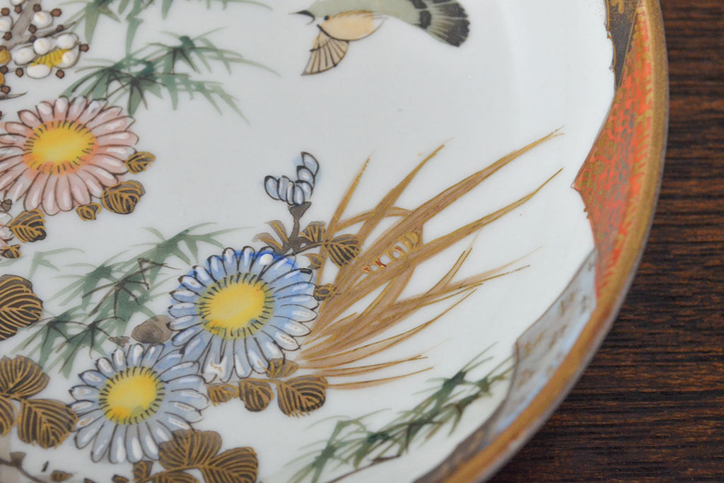 明治〜大正　九谷焼　花鳥図　色絵　小皿5枚セット(和食器)(R-052128)