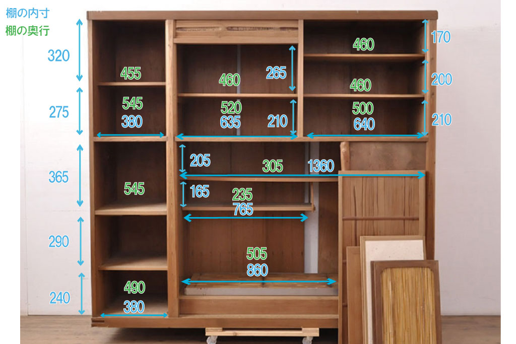 和製アンティーク　超激レア　総杉材　特注品　両面使いできる特大置き水屋(置水屋、茶水屋、茶棚、戸棚、茶道具、収納棚、食器棚)(R-052149)