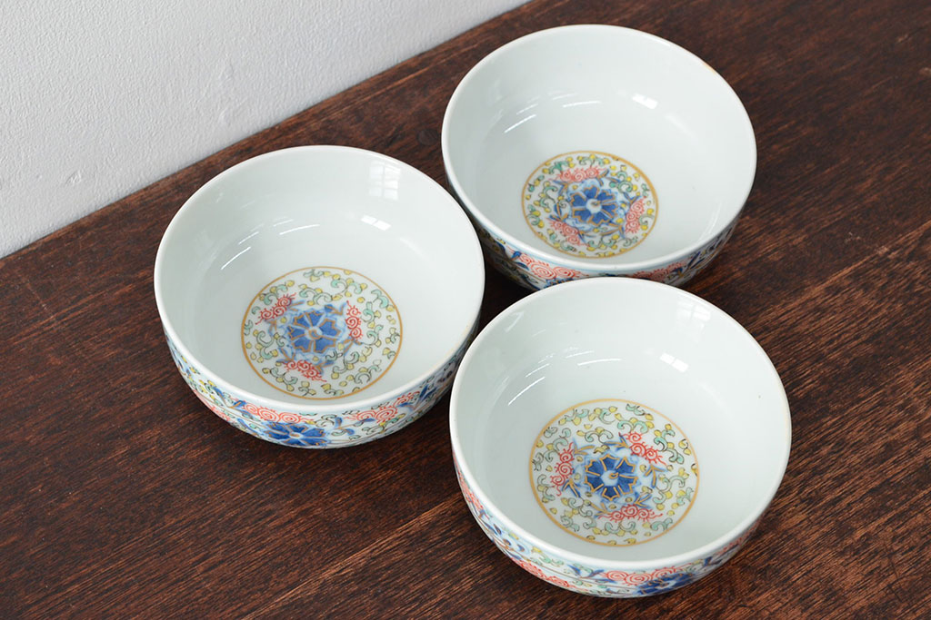 大清光緒年製　色絵染付　深鉢3客(伊万里、中国?)(R-052198)
