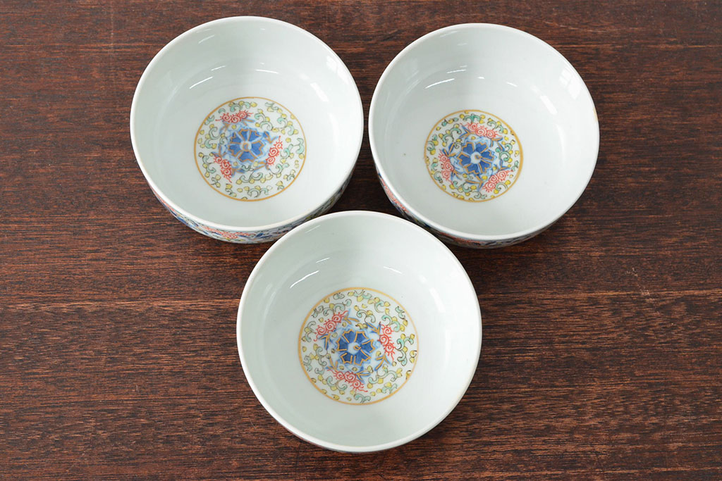 大清光緒年製　色絵染付　深鉢3客(伊万里、中国?)(R-052198)