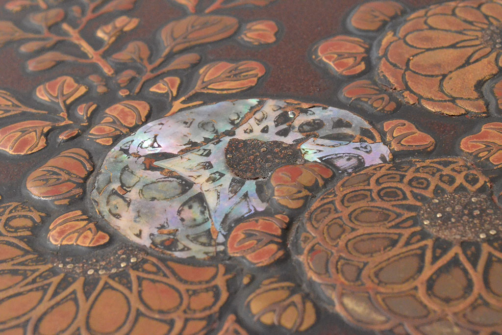 江戸〜明治　花に鶏図　蒔絵梨地　木製文箱(硯箱)(R-052222)